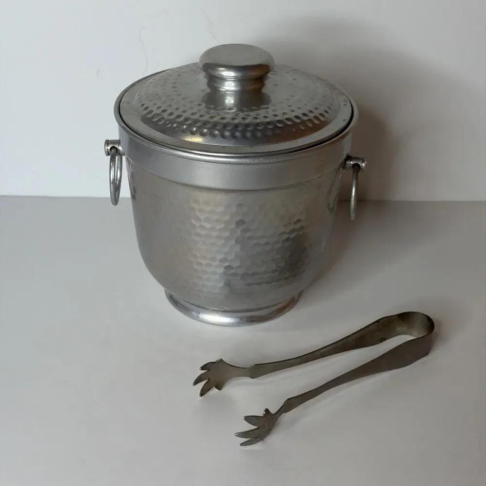 Vintage Hammered Aluminum Ice Bucket and Tongs Mid Century Barware Made in Italy